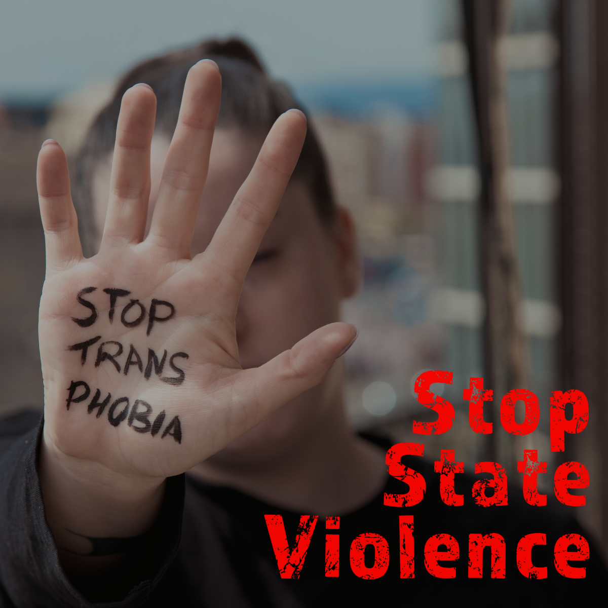 image of trans person with text on open hand reading 
                stop trans phobia and text reading stop state violence