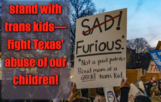 picture of protest with signed reading Furious proud mom of a great trans kid, red text on left saying
        stand with trans kids--fight Texas' abuse of our children!